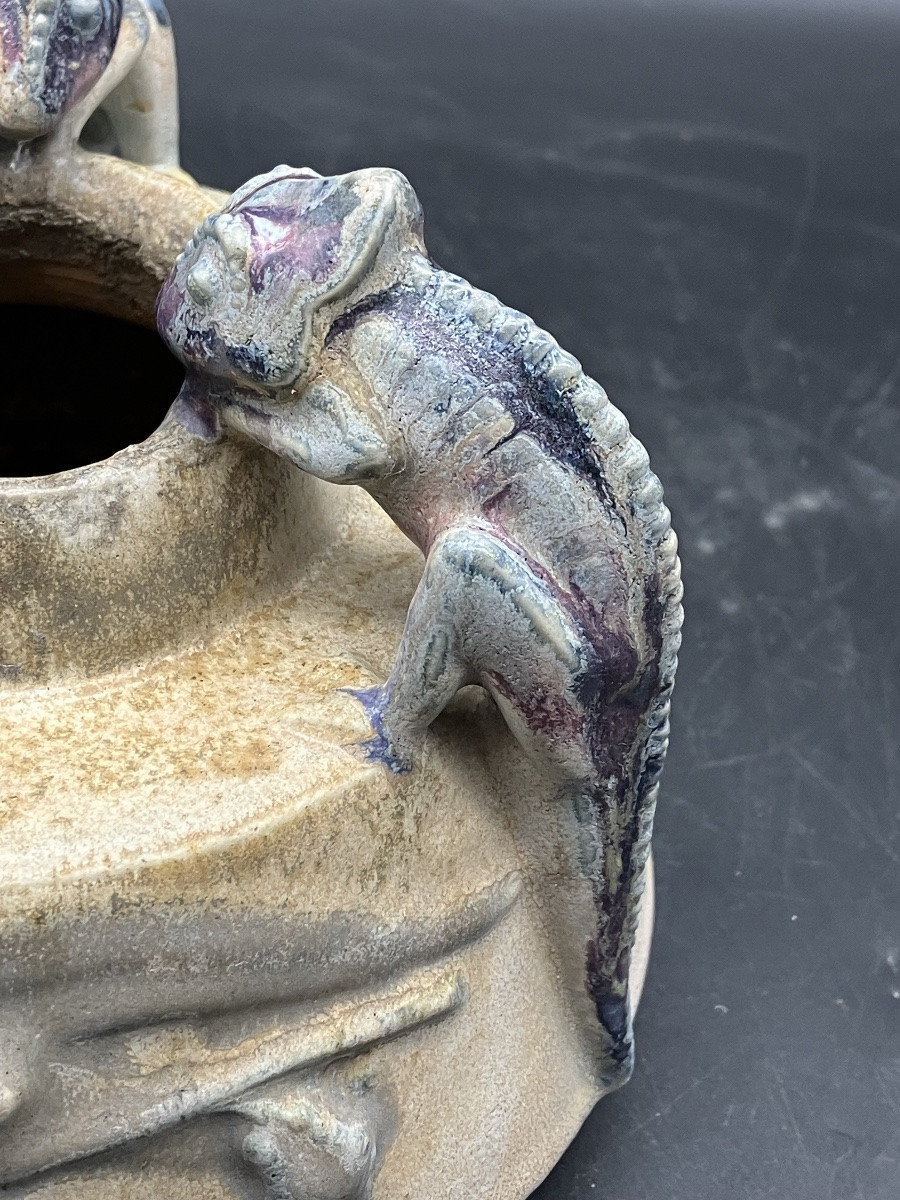 Charles Greber Vase art nouveau en grès Caméléon Gecko dans l'Eucalyptus céramique Beauvais-photo-3