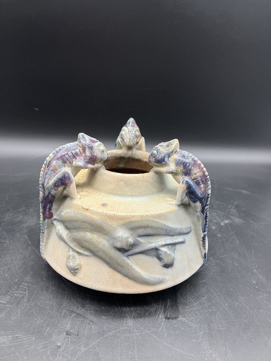 Charles Greber Vase art nouveau en grès Caméléon Gecko dans l'Eucalyptus céramique Beauvais-photo-5