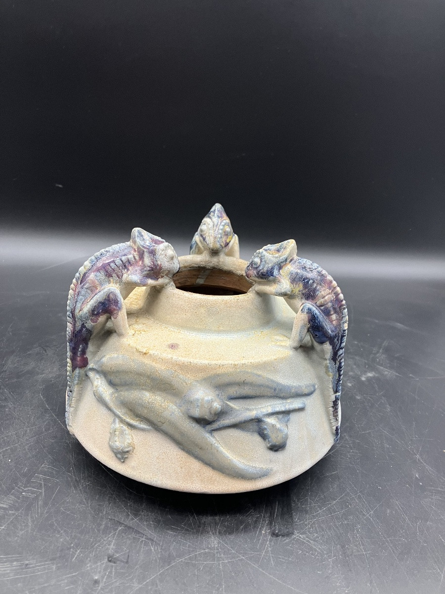 Charles Greber Vase art nouveau en grès Caméléon Gecko dans l'Eucalyptus céramique Beauvais-photo-6