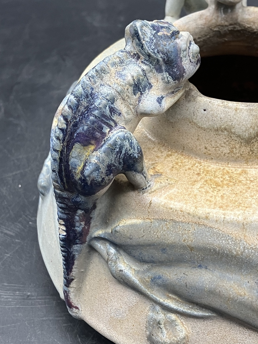 Charles Greber Vase art nouveau en grès Caméléon Gecko dans l'Eucalyptus céramique Beauvais-photo-8