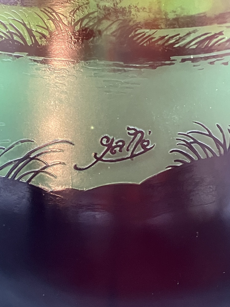 Large Gallé Vase, Lakeside Landscape, 50 Cm, Art Nouveau, Multi-layered Glass, Acid-etched-photo-2