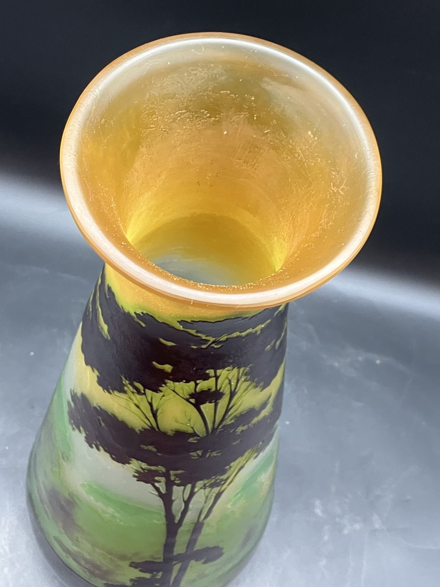 Large Gallé Vase, Lakeside Landscape, 50 Cm, Art Nouveau, Multi-layered Glass, Acid-etched-photo-3