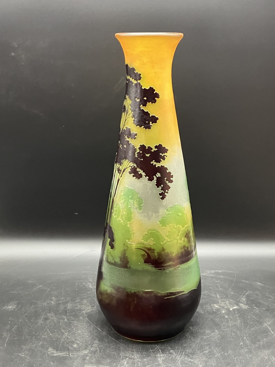 Large Gallé Vase, Lakeside Landscape, 50 Cm, Art Nouveau, Multi-layered Glass, Acid-etched-photo-4