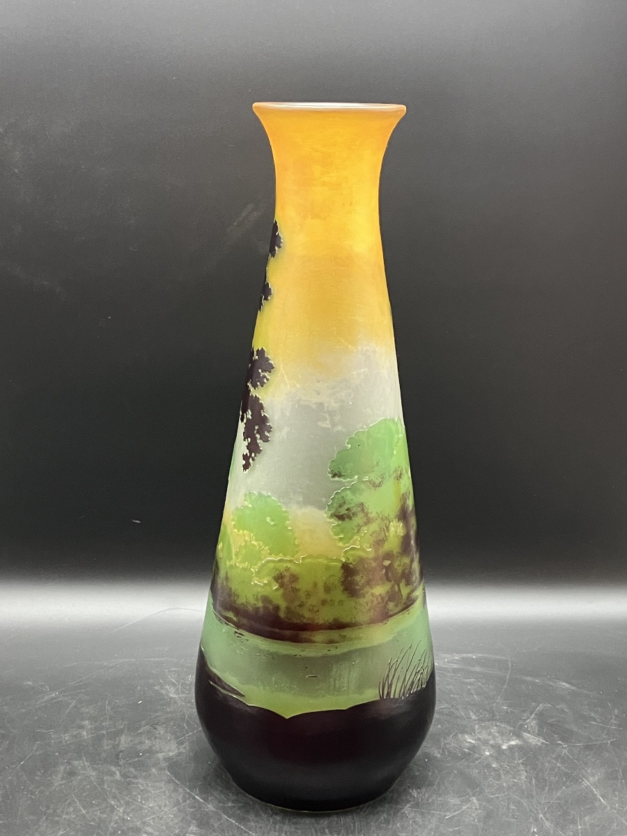 Large Gallé Vase, Lakeside Landscape, 50 Cm, Art Nouveau, Multi-layered Glass, Acid-etched-photo-1