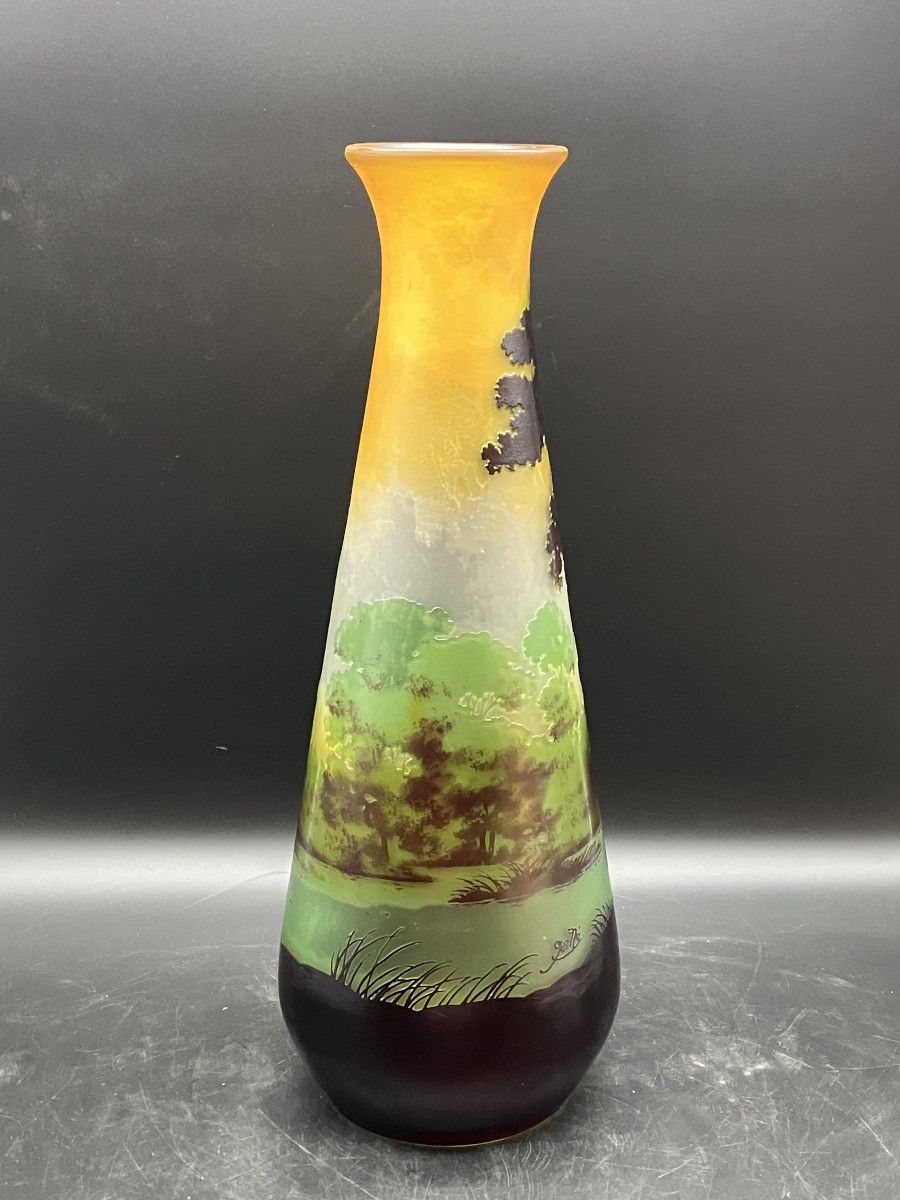 Large Gallé Vase, Lakeside Landscape, 50 Cm, Art Nouveau, Multi-layered Glass, Acid-etched-photo-2