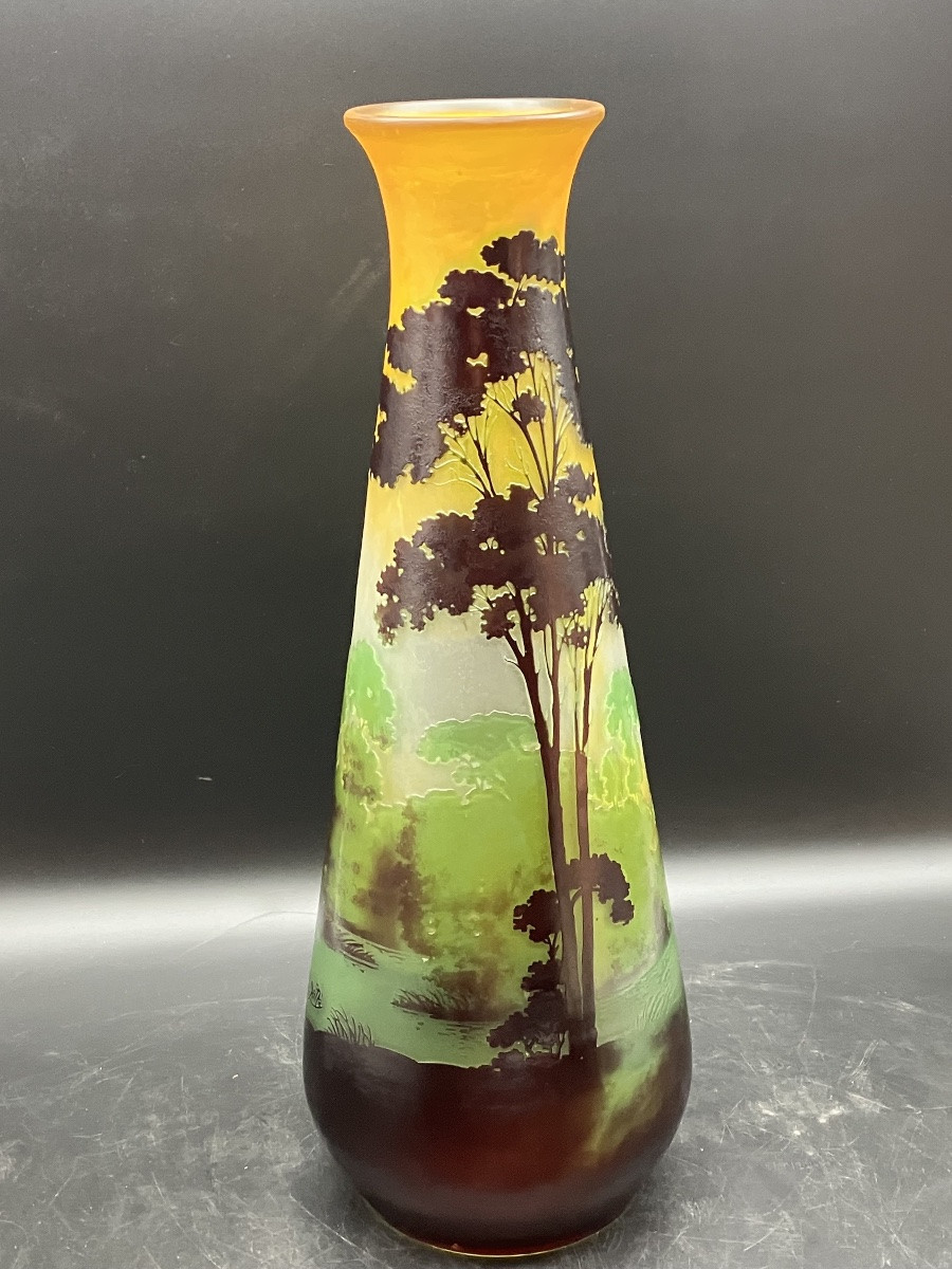 Large Gallé Vase, Lakeside Landscape, 50 Cm, Art Nouveau, Multi-layered Glass, Acid-etched-photo-4