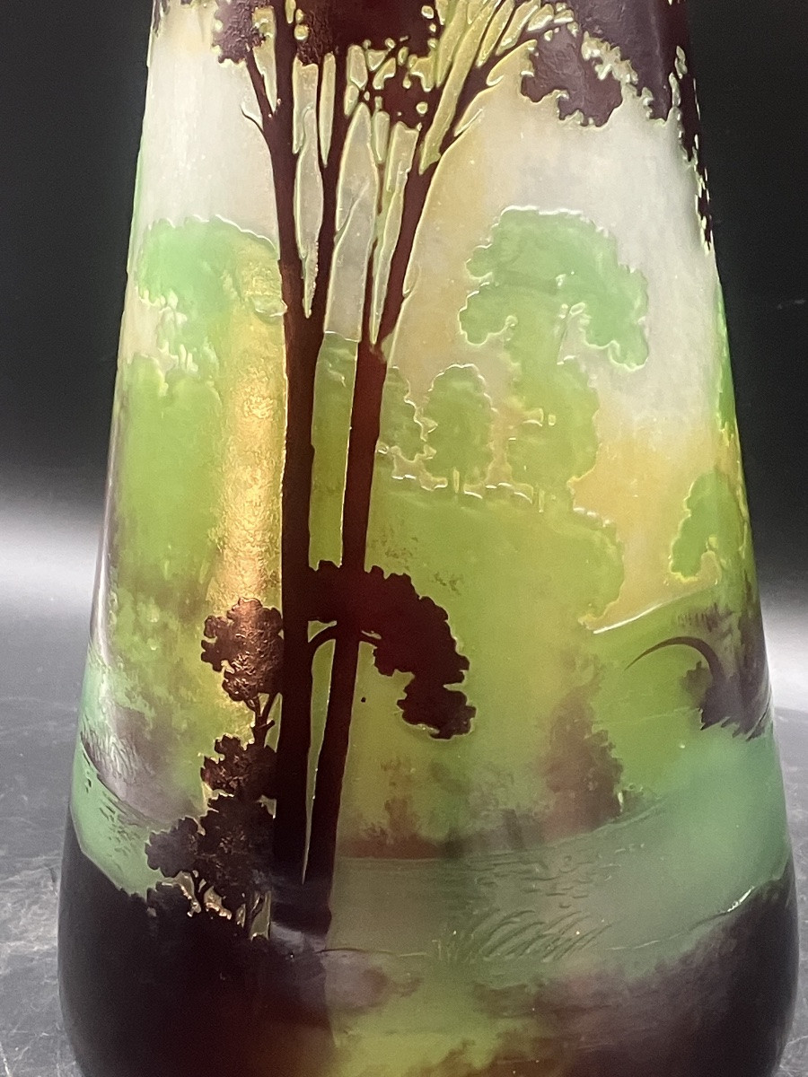 Large Gallé Vase, Lakeside Landscape, 50 Cm, Art Nouveau, Multi-layered Glass, Acid-etched-photo-7