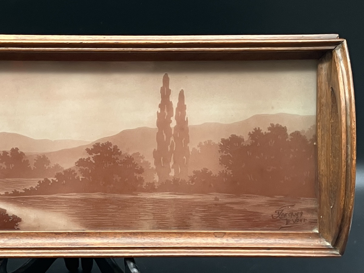Jacques Gruber Engraved Glass Tray, Art Nouveau Lakeside Landscape -photo-4