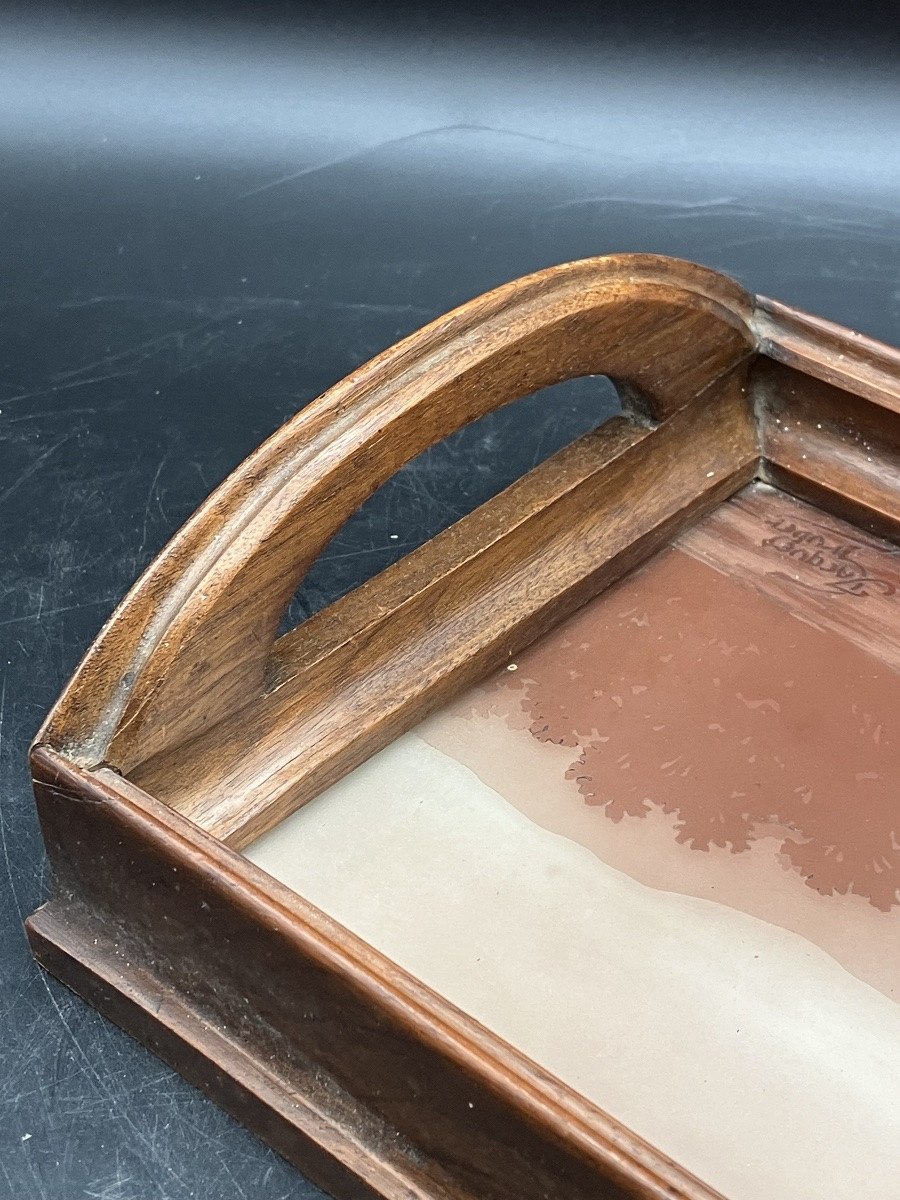 Jacques Gruber Engraved Glass Tray, Art Nouveau Lakeside Landscape -photo-2