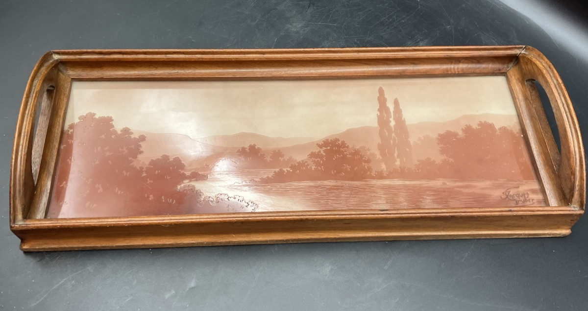 Jacques Gruber Engraved Glass Tray, Art Nouveau Lakeside Landscape -photo-8