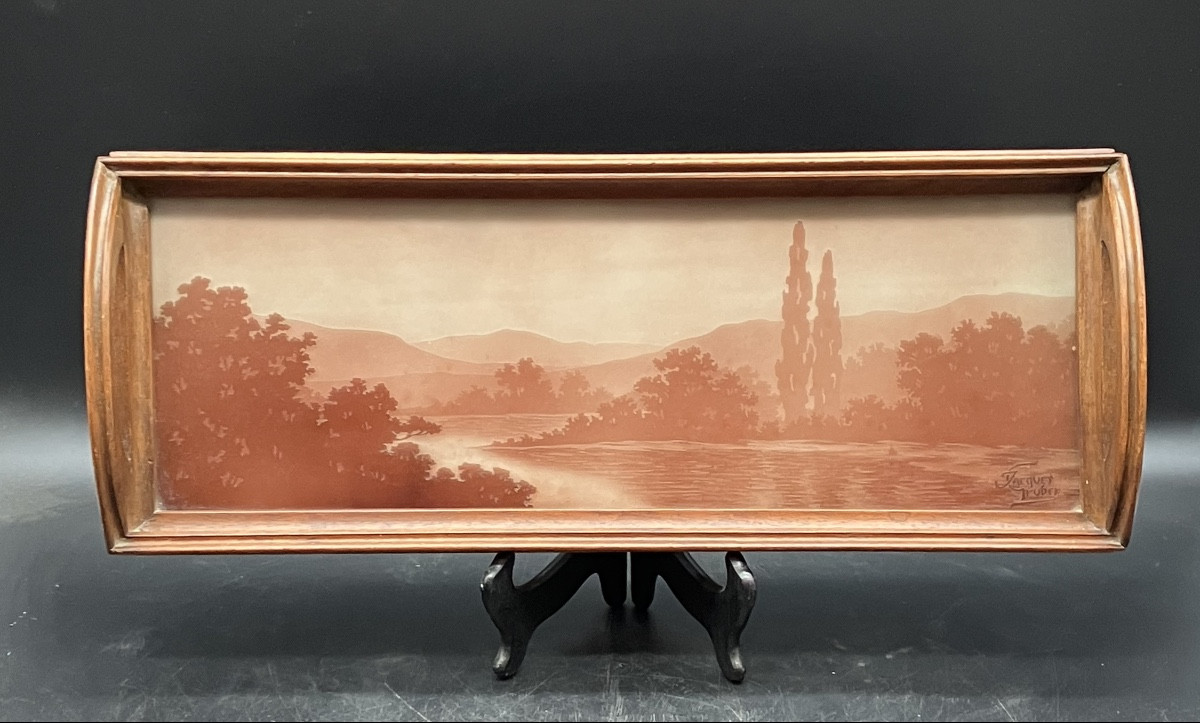 Jacques Gruber Engraved Glass Tray, Art Nouveau Lakeside Landscape 