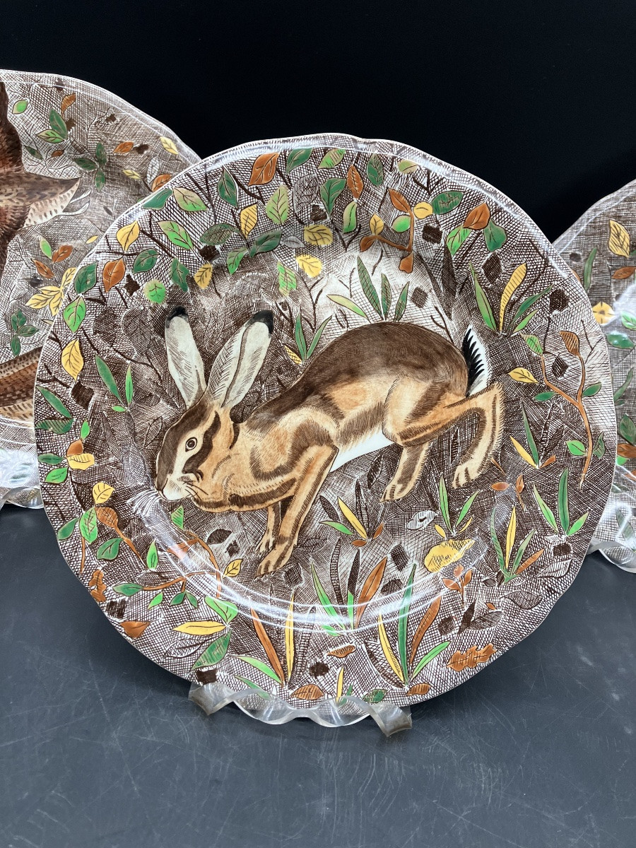 Set Of 6 Gien Rambouillet Plates By Jean Bertholle, Chasse Earthenware-photo-4