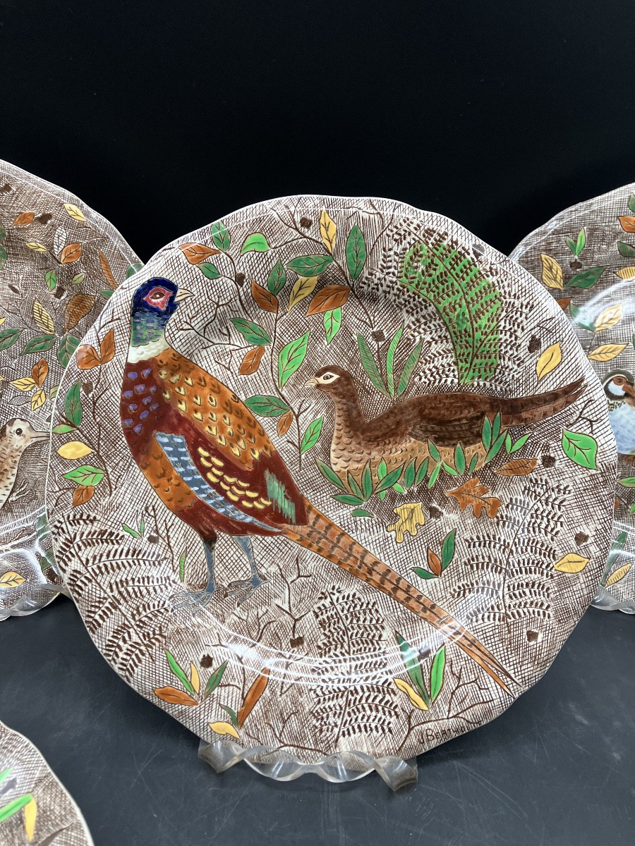 Set Of 6 Gien Rambouillet Plates By Jean Bertholle, Chasse Earthenware-photo-2