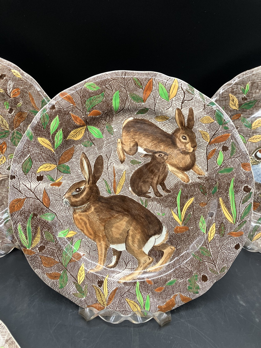 Set Of 6 Gien Rambouillet Plates By Jean Bertholle, Chasse Earthenware-photo-3