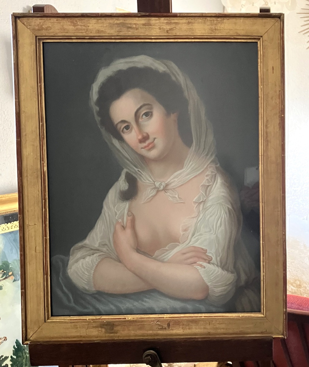 Portrait féminin au Pastel début XIXème siècle Jeune femme partiellement dénudée-photo-2