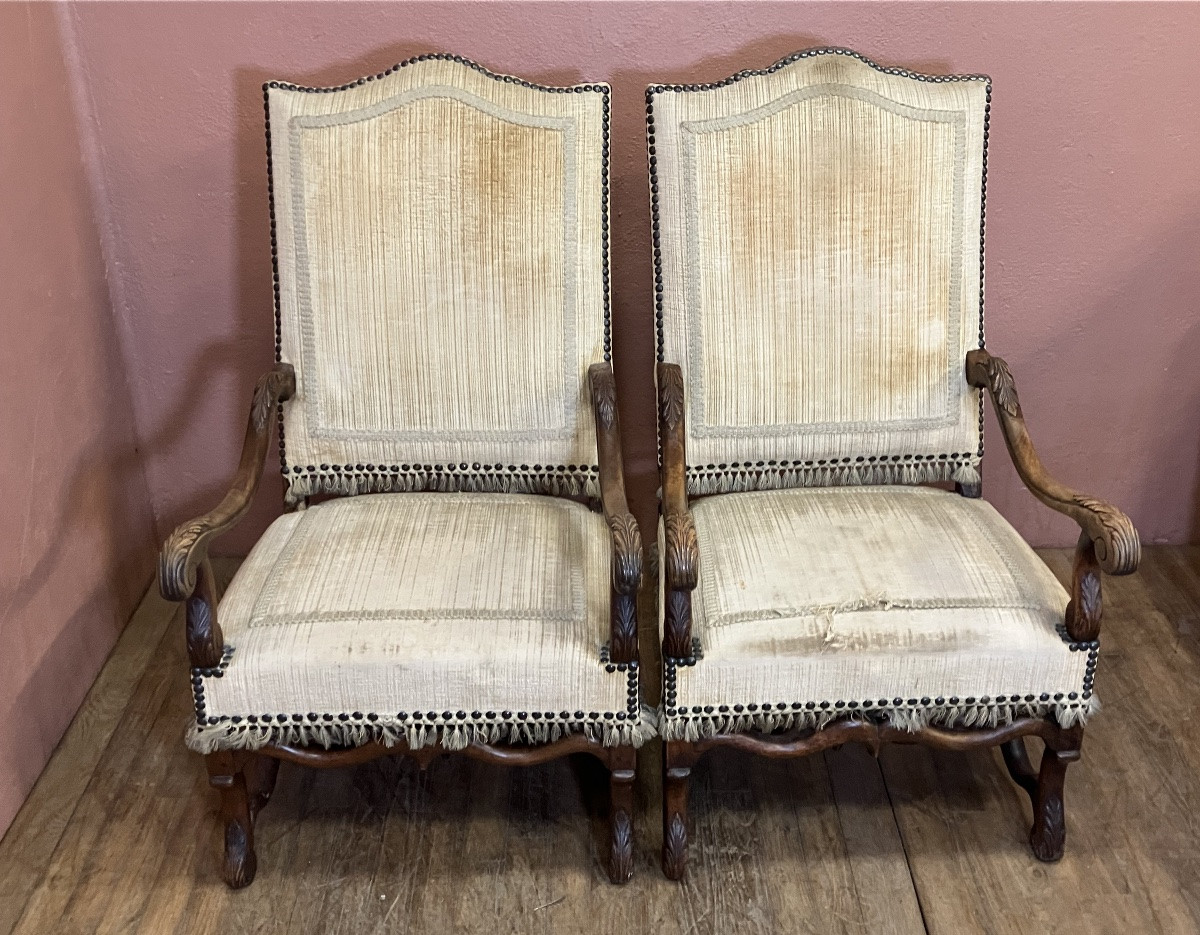 Pair Of Louis XIV Period Armchairs In Walnut Mouton Bone-photo-3