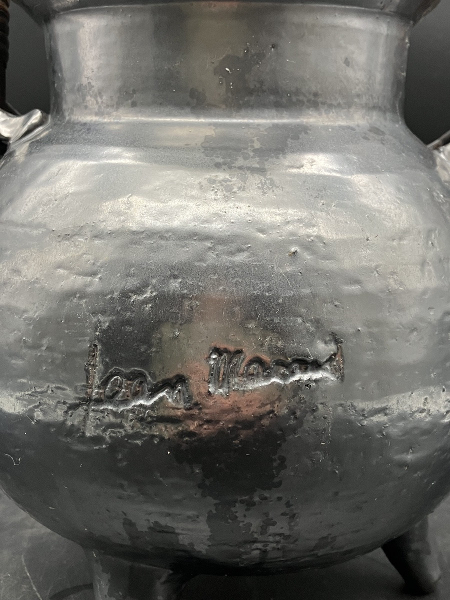 Jean Marais Vallauris Large Ceramic Teapot Metal Chandelier With Wicker Handle-photo-2