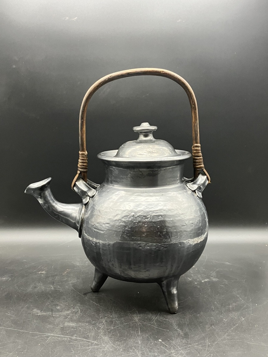 Jean Marais Vallauris Large Ceramic Teapot Metal Chandelier With Wicker Handle-photo-3