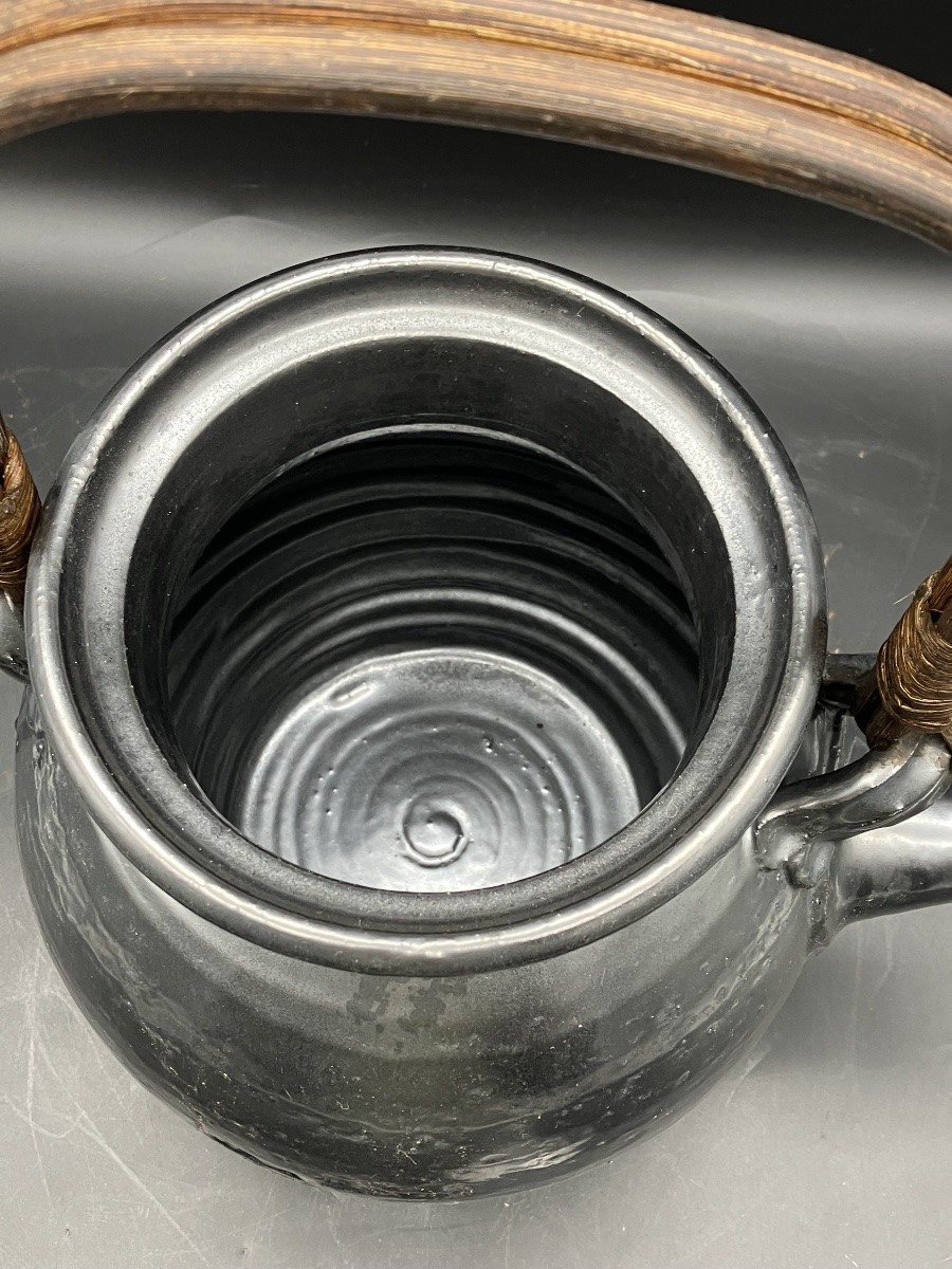 Jean Marais Vallauris Large Ceramic Teapot Metal Chandelier With Wicker Handle-photo-2