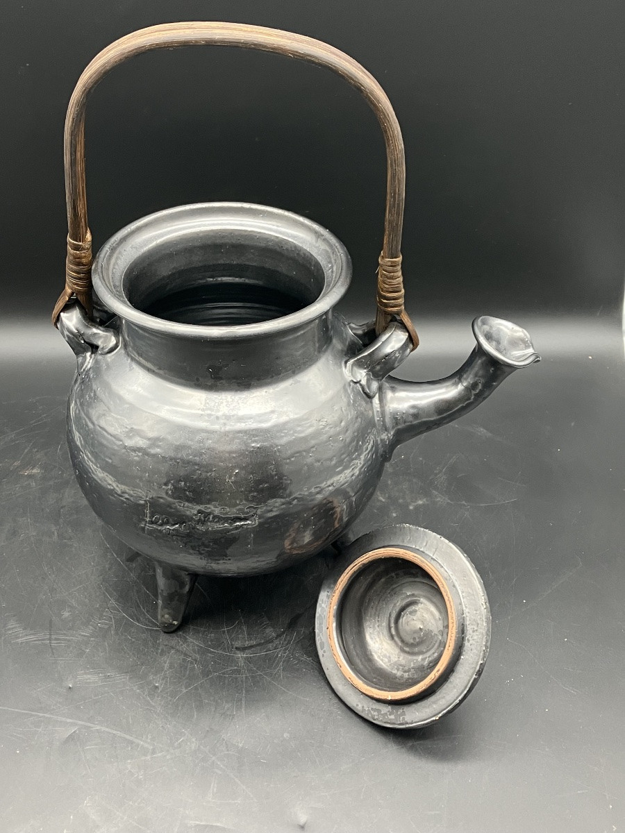 Jean Marais Vallauris Large Ceramic Teapot Metal Chandelier With Wicker Handle-photo-4