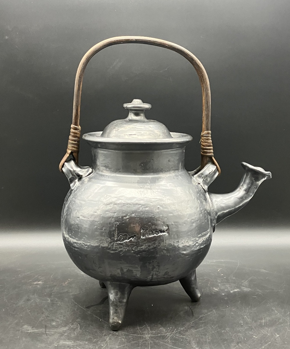 Jean Marais Vallauris Large Ceramic Teapot Metal Chandelier With Wicker Handle