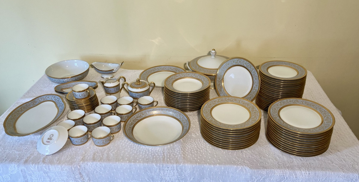 Haviland Charles Field Blue And Gold Limoges 82-piece Porcelain Service Pascale Agate Gilding-photo-2