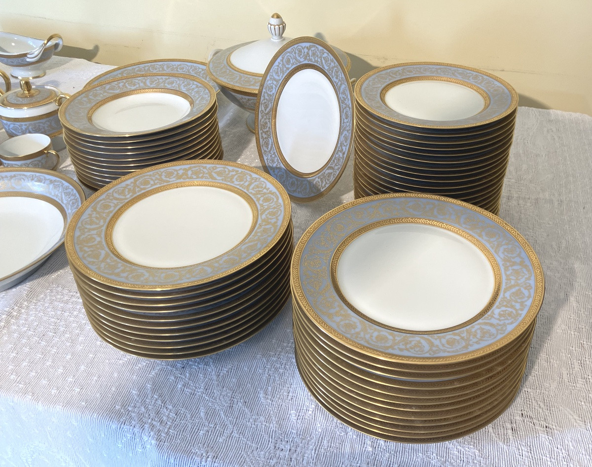 Haviland Charles Field Blue And Gold Limoges 82-piece Porcelain Service Pascale Agate Gilding-photo-3