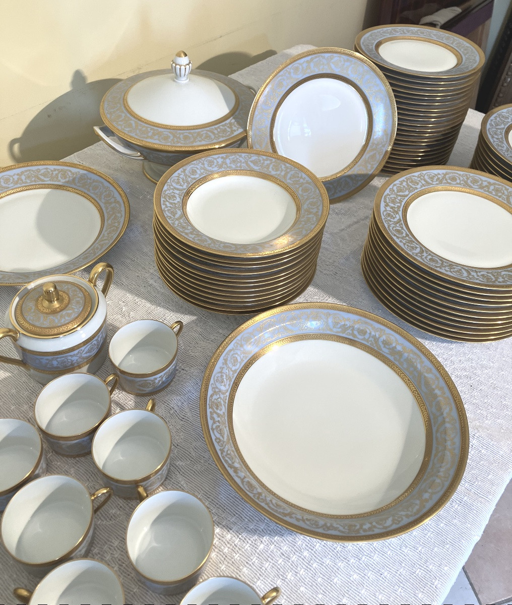 Haviland Charles Field Blue And Gold Limoges 82-piece Porcelain Service Pascale Agate Gilding-photo-4