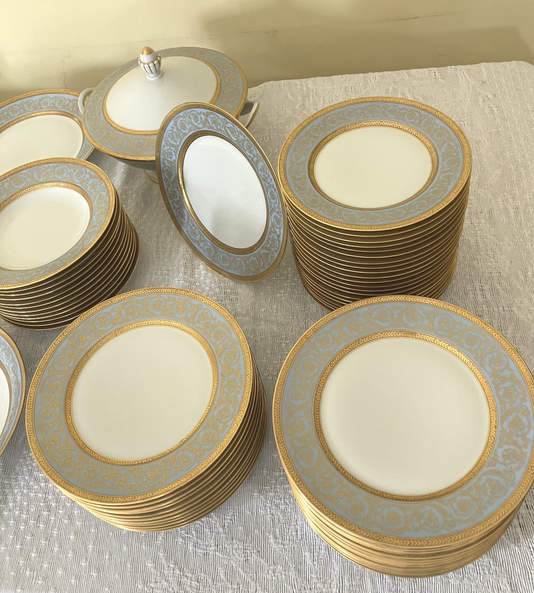 Haviland Charles Field Blue And Gold Limoges 82-piece Porcelain Service Pascale Agate Gilding-photo-5