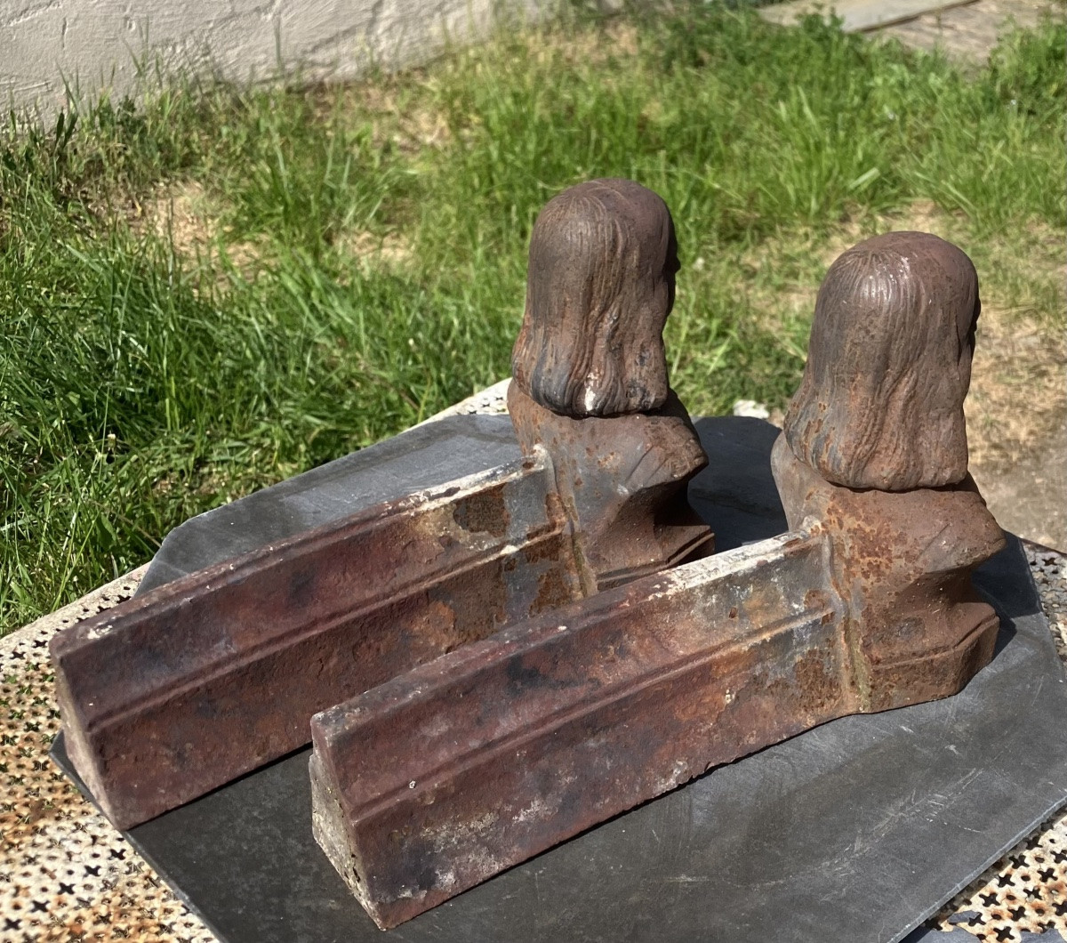 Paire de chenets en fonte Jeanne d'Arc époque XIXème-photo-2