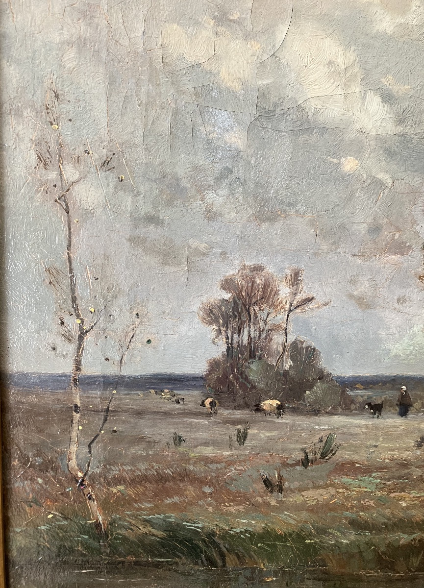 Emile Noirot Environs de Fontainebleau Crépuscule Tableau Ecole Barbizon-photo-2