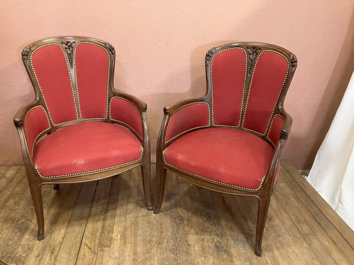 Salon art nouveau 2 fauteuils bergères + canapé Edouard Diot en acajou motif noisetier -photo-2