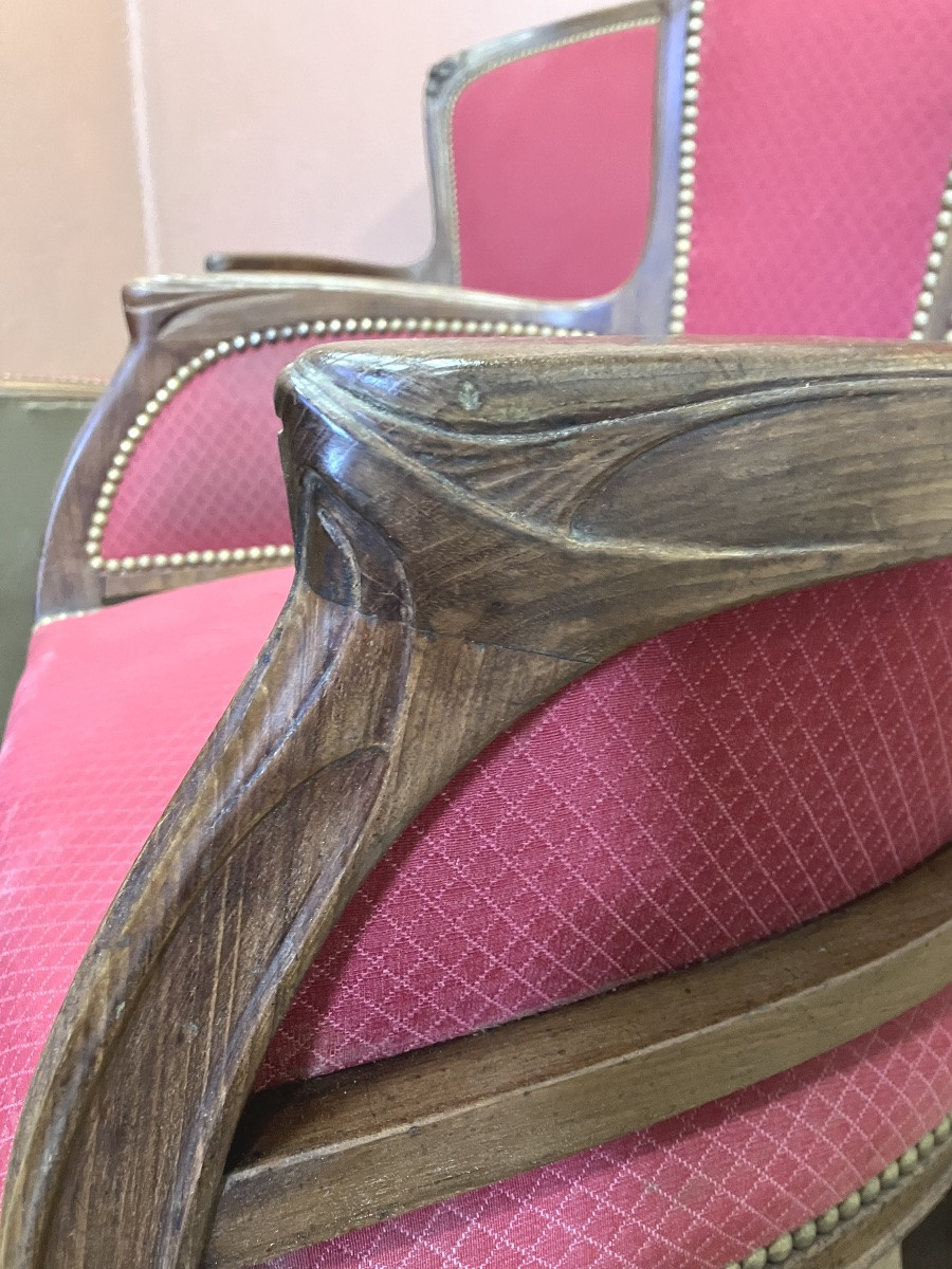 Salon art nouveau 2 fauteuils bergères + canapé Edouard Diot en acajou motif noisetier -photo-3