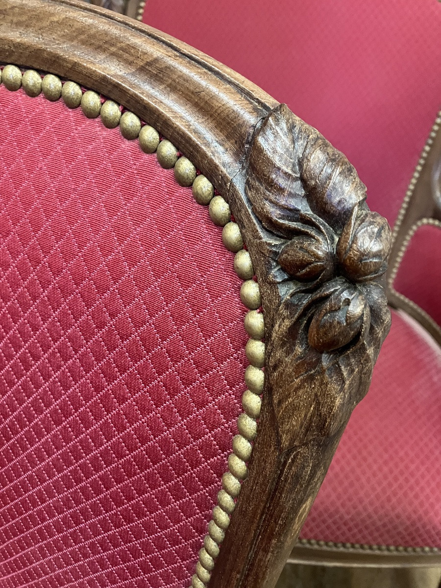 Salon art nouveau 2 fauteuils bergères + canapé Edouard Diot en acajou motif noisetier -photo-4