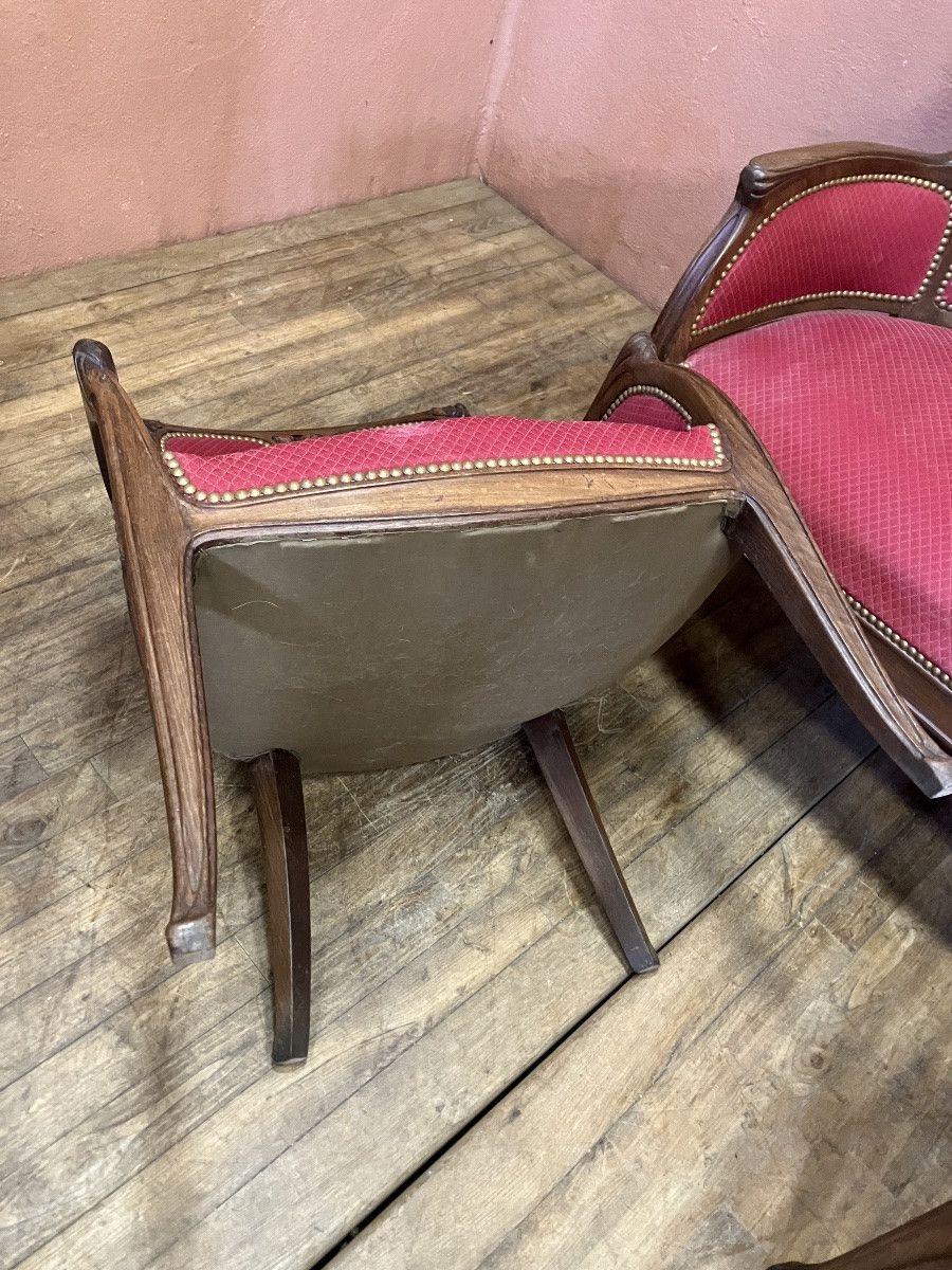 Salon art nouveau 2 fauteuils bergères + canapé Edouard Diot en acajou motif noisetier -photo-5