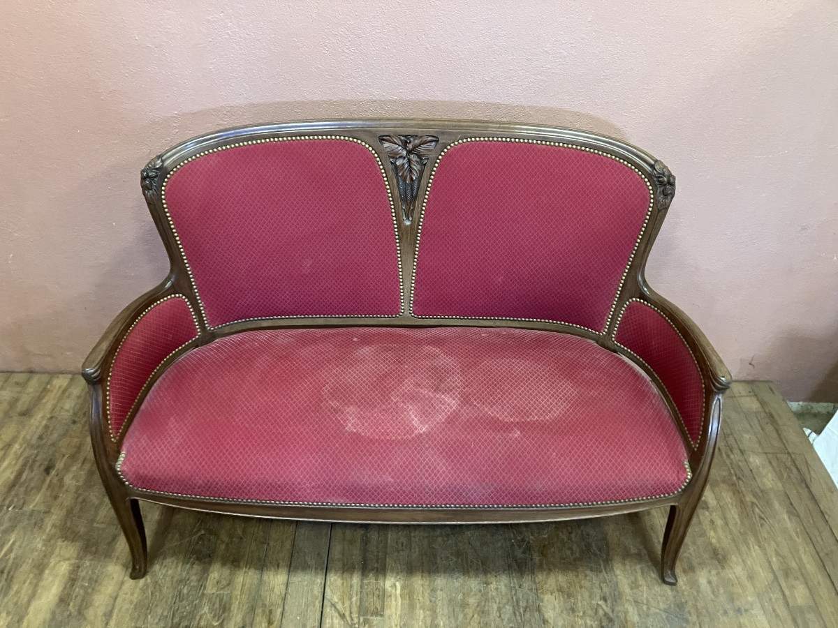 Salon art nouveau 2 fauteuils bergères + canapé Edouard Diot en acajou motif noisetier -photo-6