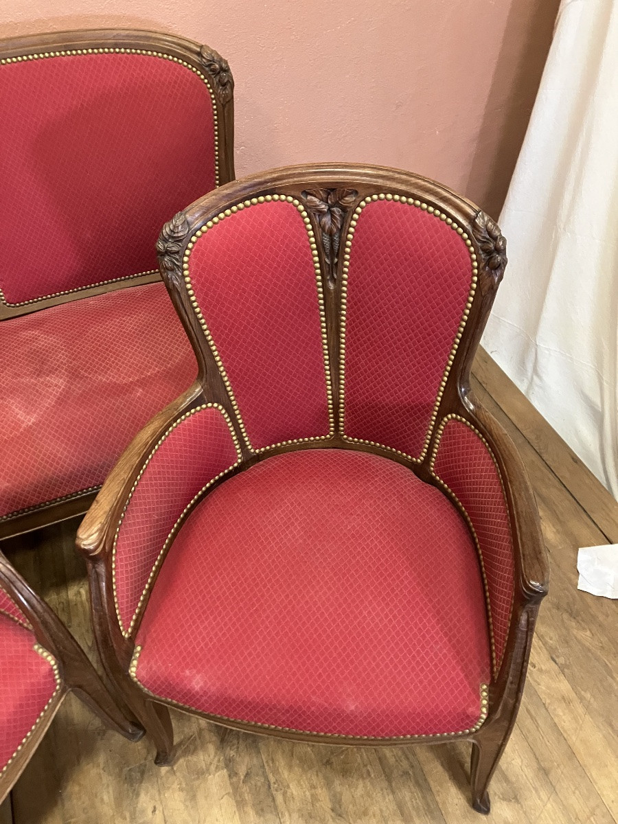 Salon art nouveau 2 fauteuils bergères + canapé Edouard Diot en acajou motif noisetier -photo-7