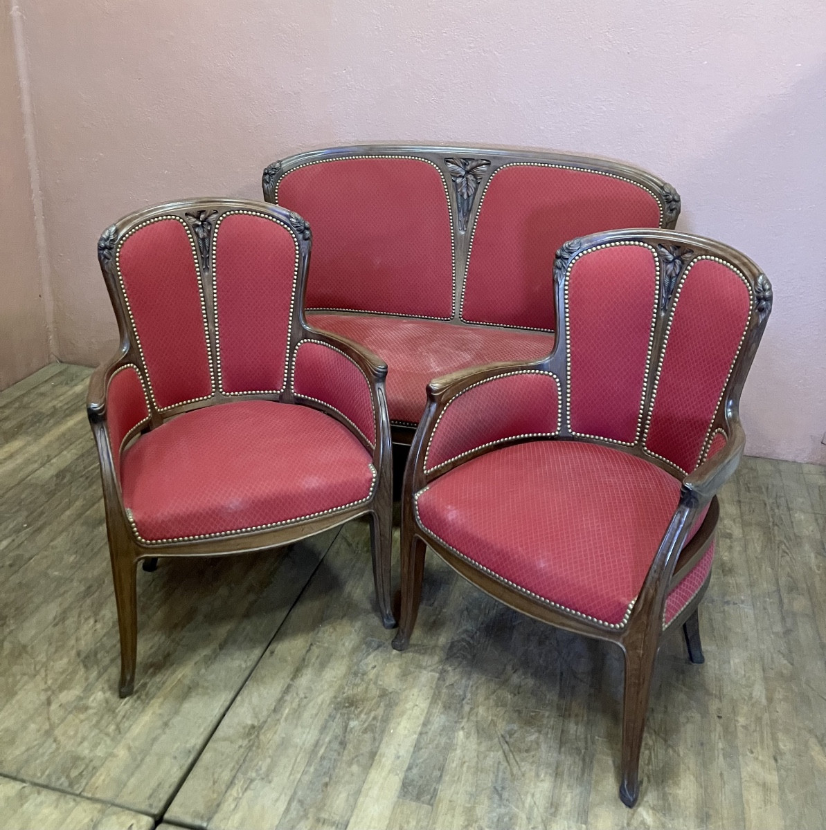 Salon art nouveau 2 fauteuils bergères + canapé Edouard Diot en acajou motif noisetier 