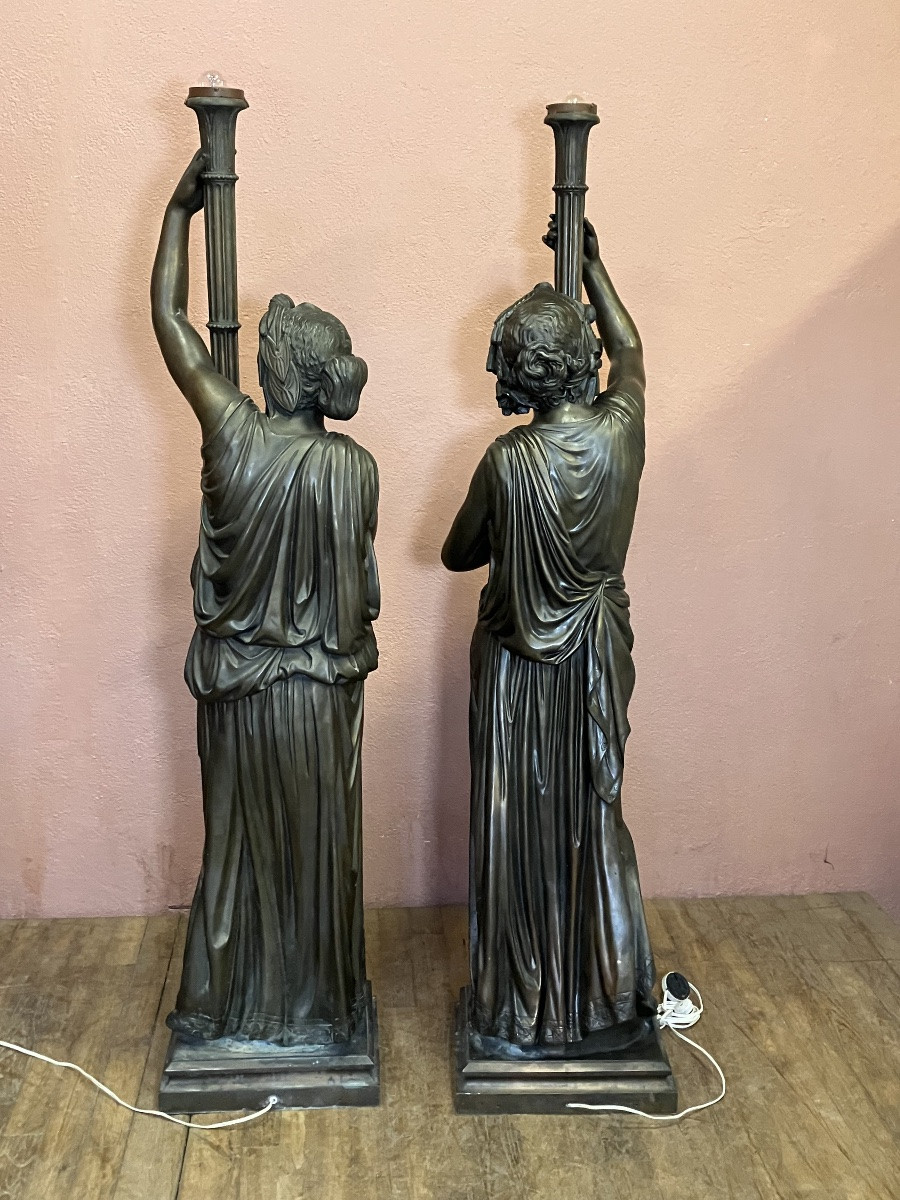 Large Pair Of 170 Cm Patinated Metal Torchères Bronze Floor Lamp-photo-2