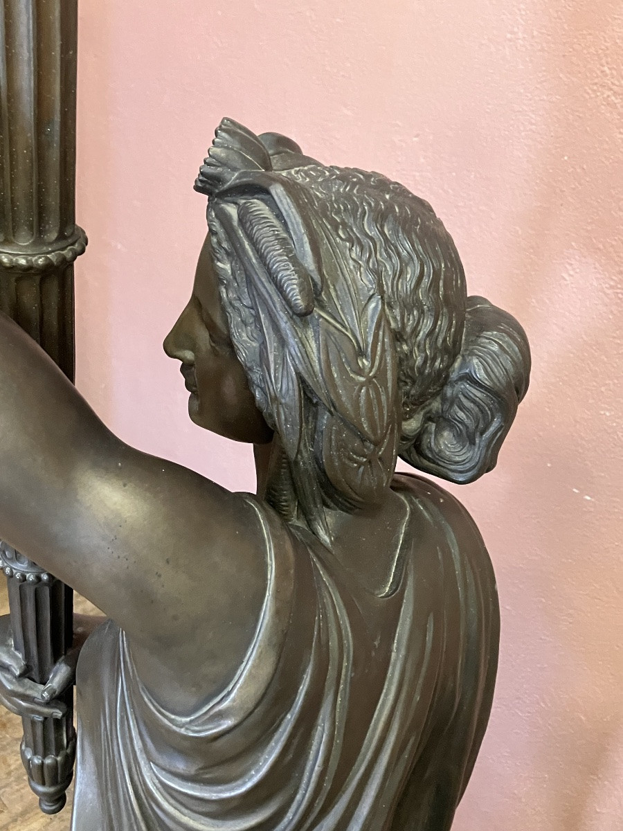 Large Pair Of 170 Cm Patinated Metal Torchères Bronze Floor Lamp-photo-5