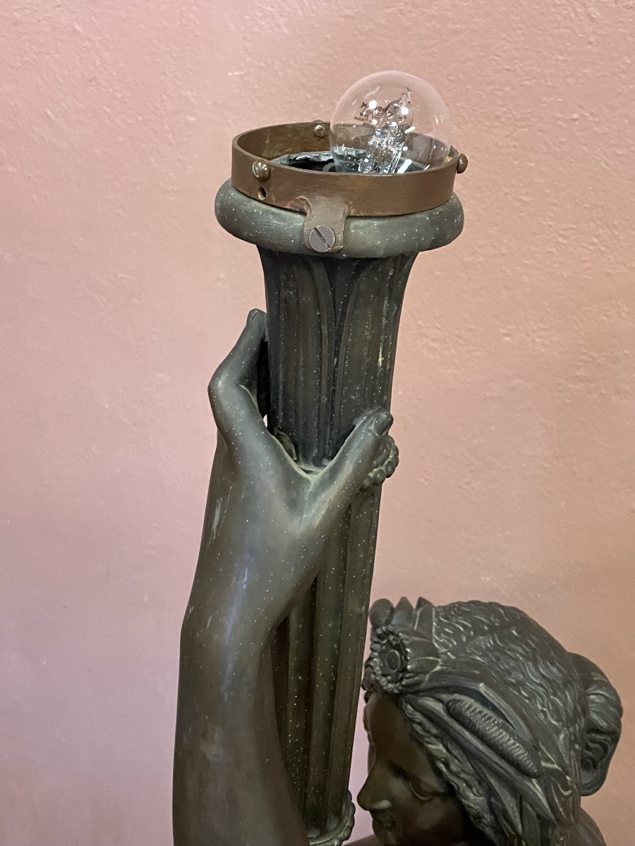 Large Pair Of 170 Cm Patinated Metal Torchères Bronze Floor Lamp-photo-6