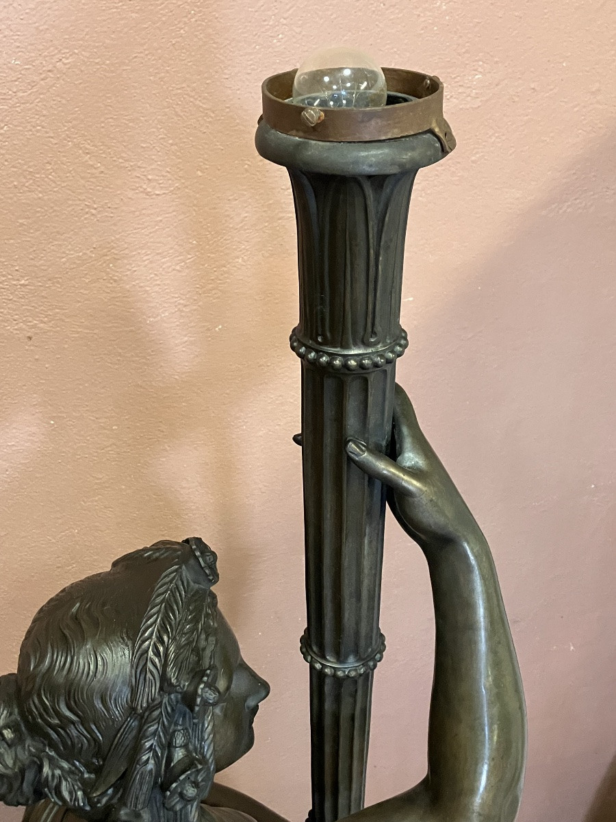 Large Pair Of 170 Cm Patinated Metal Torchères Bronze Floor Lamp-photo-7
