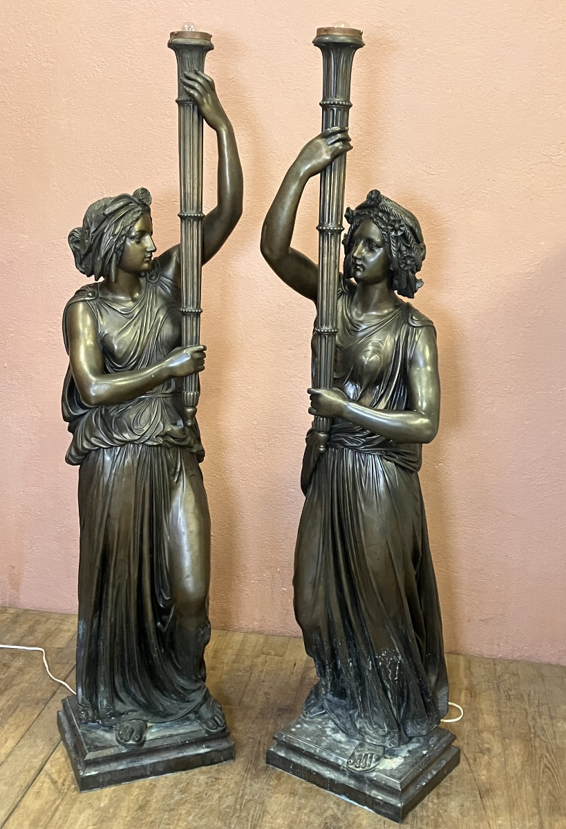 Large Pair Of 170 Cm Patinated Metal Torchères Bronze Floor Lamp