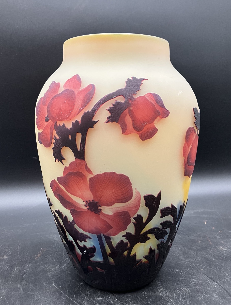 Muller frères Luneville Grand vase Anémones rouges 28,5 cm art nouveau