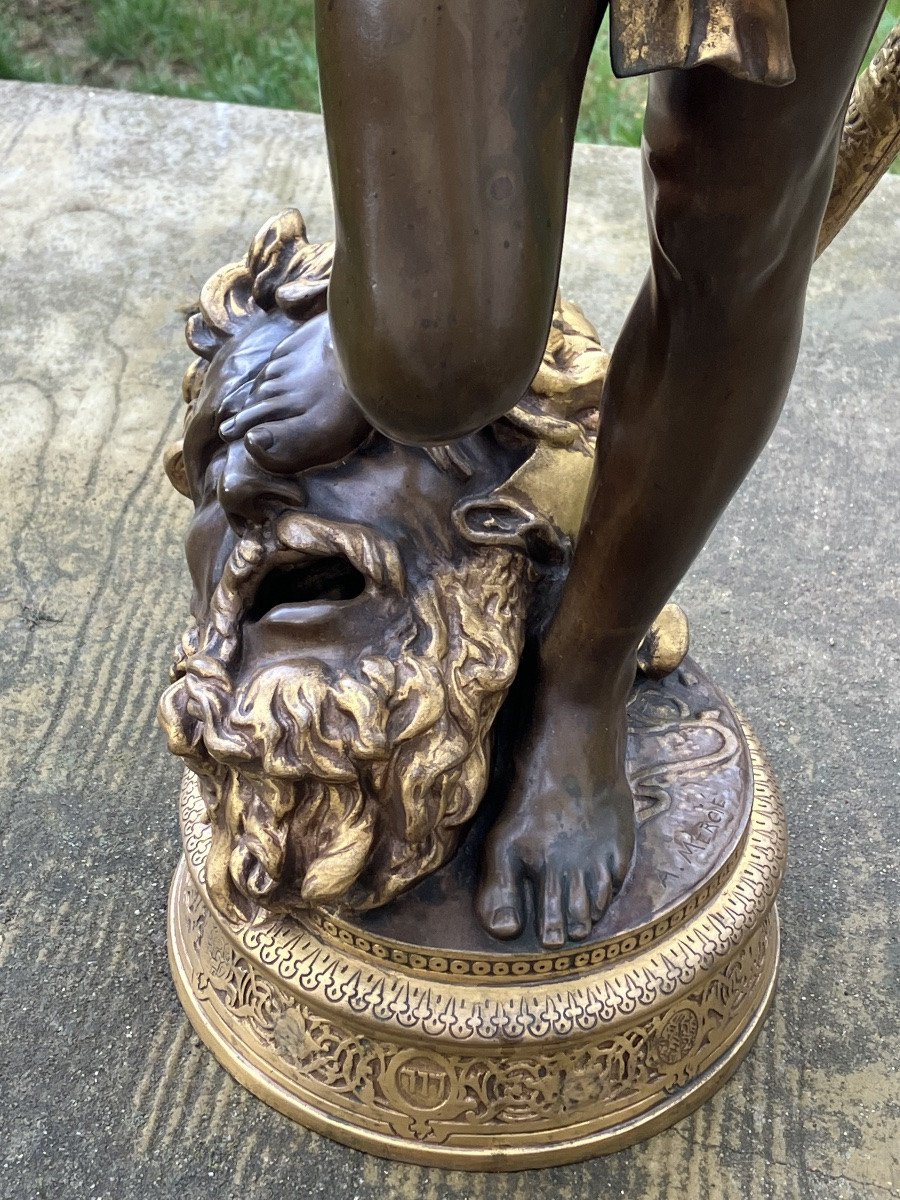 David Conqueror Of Goliath By Antonin Mercié 72 Cm Barbedienne Bronze Founder With Patina And Gilding-photo-2