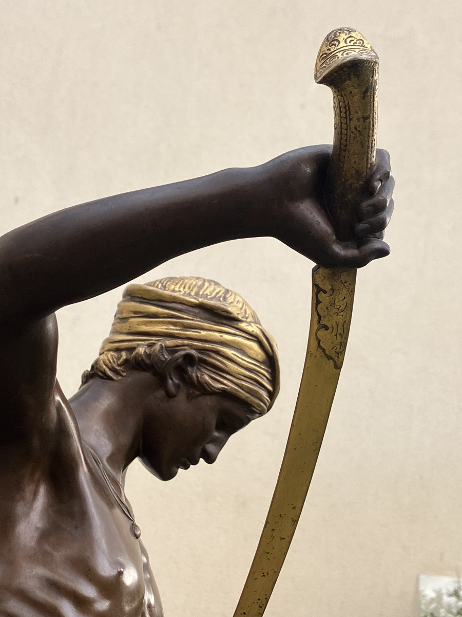 David Conqueror Of Goliath By Antonin Mercié 72 Cm Barbedienne Bronze Founder With Patina And Gilding-photo-3