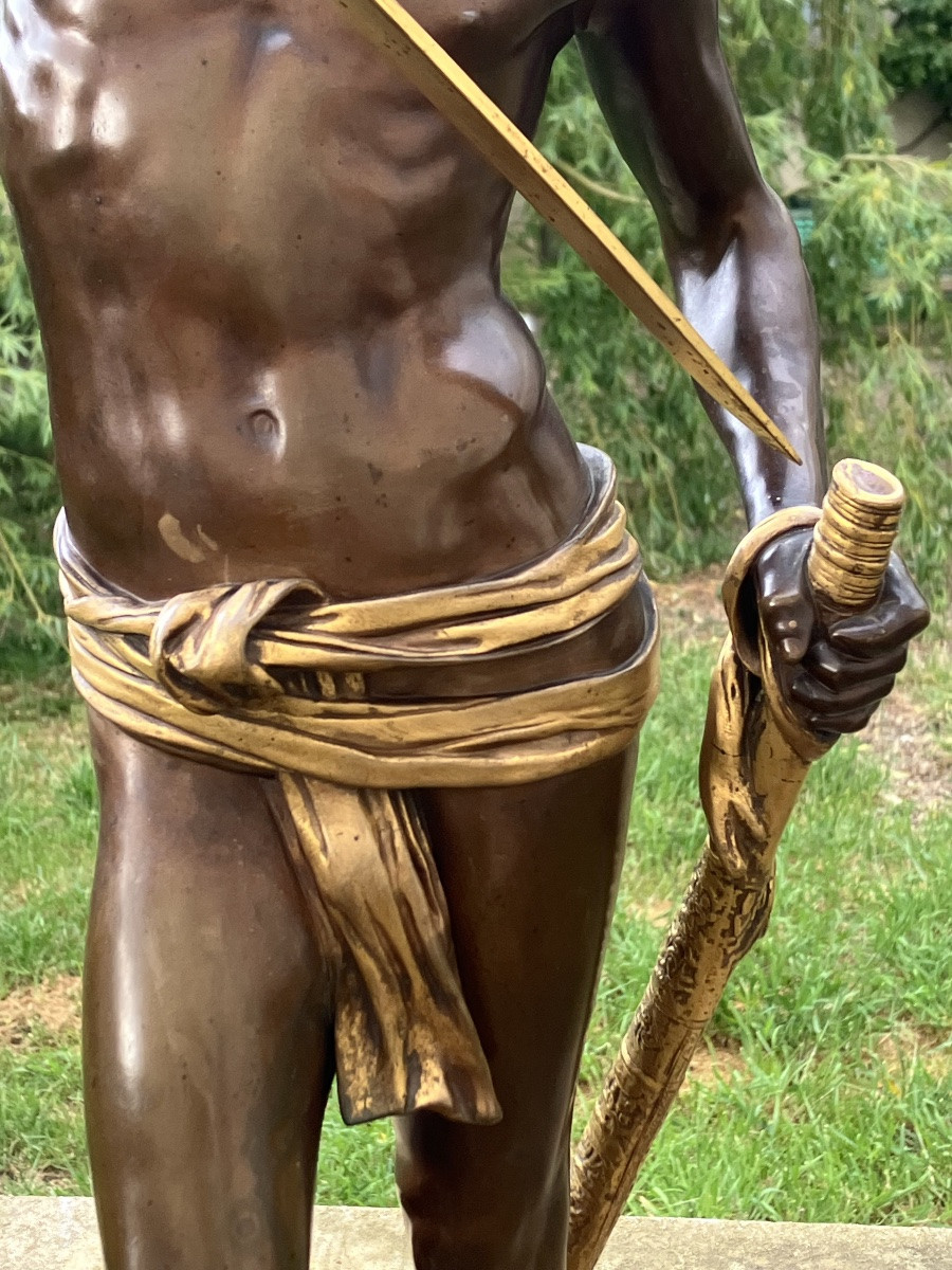 David Conqueror Of Goliath By Antonin Mercié 72 Cm Barbedienne Bronze Founder With Patina And Gilding-photo-4