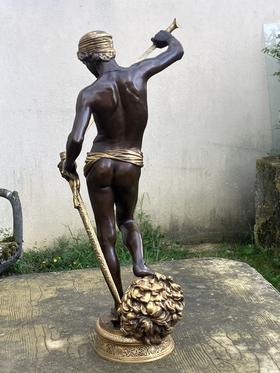 David Conqueror Of Goliath By Antonin Mercié 72 Cm Barbedienne Bronze Founder With Patina And Gilding-photo-5
