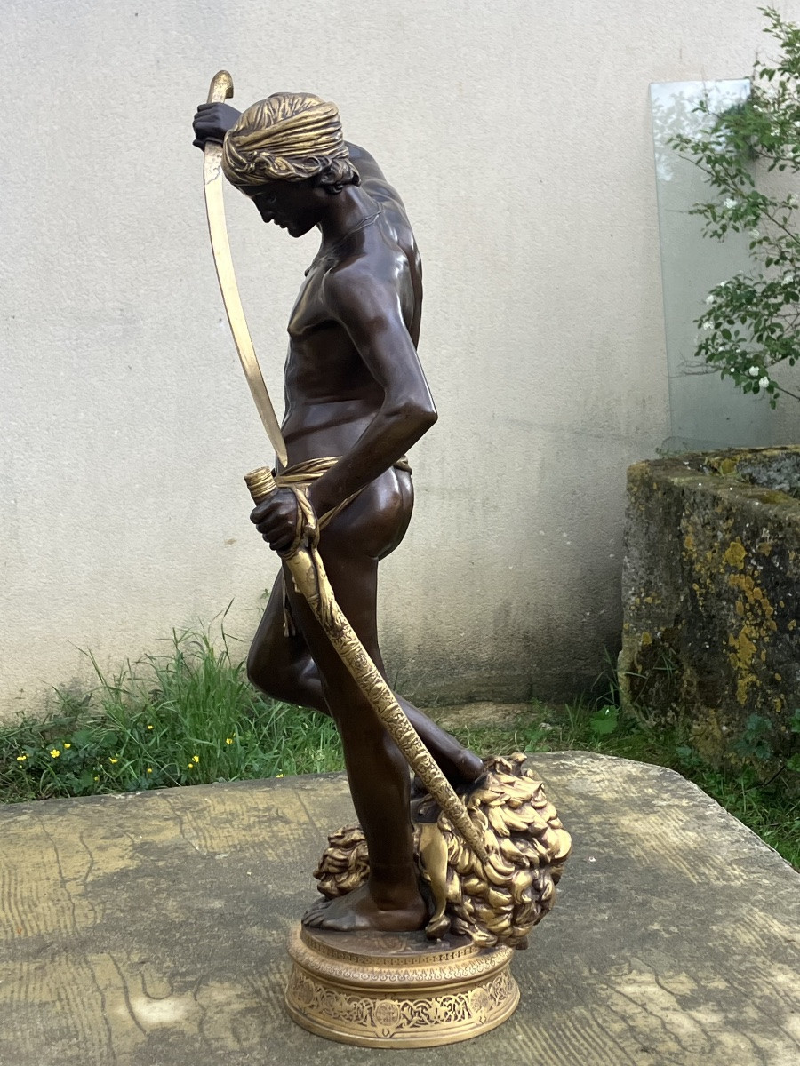 David Conqueror Of Goliath By Antonin Mercié 72 Cm Barbedienne Bronze Founder With Patina And Gilding-photo-6