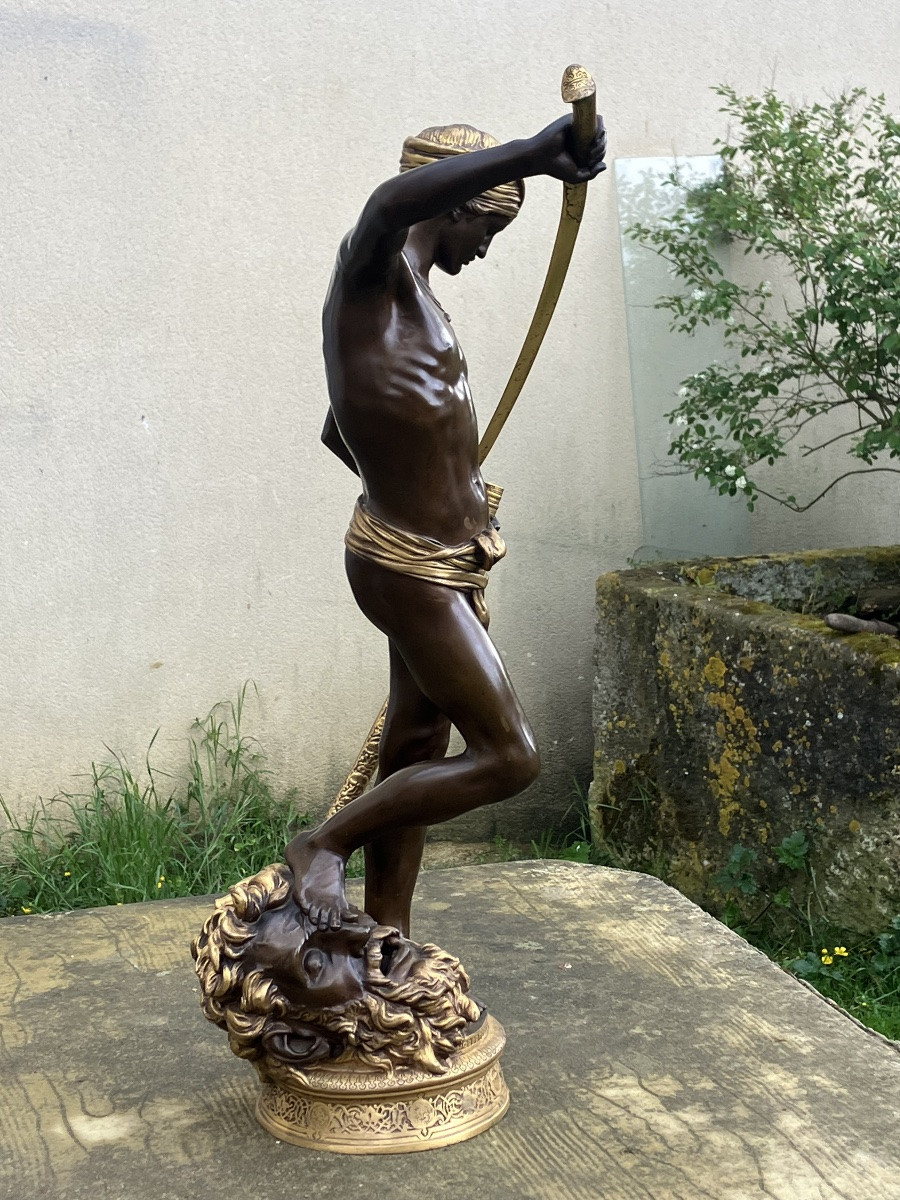 David Conqueror Of Goliath By Antonin Mercié 72 Cm Barbedienne Bronze Founder With Patina And Gilding-photo-7